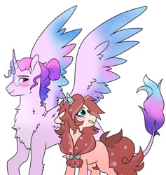 Size: 1280x1348 | Tagged: safe, artist:void-sommar, oc, oc only, oc:kore, oc:saturn sally, alicorn, hybrid, pony, art trade, duo, female, glasses, interspecies offspring, magical lesbian spawn, mare, offspring, parent:applejack, parent:autumn blaze, parent:discord, parent:princess celestia, parents:autumnjack, parents:dislestia, simple background, white background