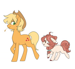 Size: 1280x1184 | Tagged: safe, artist:void-sommar, applejack, oc, oc:kore, earth pony, hybrid, pony, g4, applejack's hat, cowboy hat, duo, female, hat, interspecies offspring, magical lesbian spawn, mother and child, mother and daughter, offspring, parent:applejack, parent:autumn blaze, parents:autumnjack, short mane, simple background, straw in mouth, white background