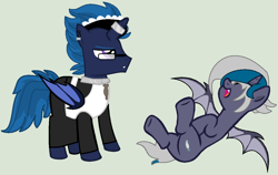Size: 1074x678 | Tagged: safe, artist:deadpon3, artist:jadeharmony, artist:thatonefluffs, oc, oc only, oc:elizabat stormfeather, oc:icey wicey, alicorn, bat pony, bat pony alicorn, pony, alicorn oc, apron, base used, bat pony oc, bat wings, bullet, clothes, collar, crossdressing, dress, duo, ear piercing, earring, eyes closed, fangs, female, glasses, gray background, grumpy, horn, horn ring, jewelry, laughing, lying down, maid, maid headdress, male, mare, on back, open mouth, piercing, raised hoof, raised leg, ring, simple background, skirt, stallion, unamused, underhoof, wings