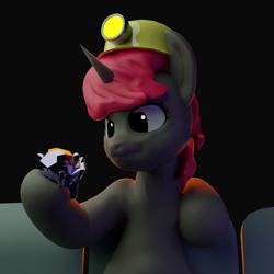 Size: 1920x1920 | Tagged: safe, artist:queen-razlad, oc, oc only, pony, unicorn, 3d, blender, blender cycles, blender monkey, dark, looking at something, loot, miner, red mane, relaxing, solo, suzanne