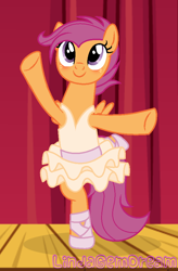 Size: 616x938 | Tagged: safe, artist:lindagemdream, scootaloo, pegasus, pony, a royal problem, g4, adult, arabesque, ballerina, ballet, ballet slippers, blushing, clothes, dancing, facing you, one arm out, one arm up, scootarina, scootatutu, smiling, stage, standing on one leg, tutu