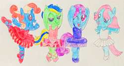 Size: 1280x685 | Tagged: safe, artist:capricorndiem456, oc, oc:angrymetal, oc:beauty dash, oc:berry blue, oc:greenmetal, earth pony, pegasus, pony, unicorn, arms raised, ballerina, ballet, ballet dancing, ballet slippers, clothes, crossdressing, dancers, dancing, femboy, looking at you, male, one eye closed, open mouth, pose, standing on one leg, tutu, tutus, wink, winking at you