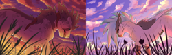 Size: 2752x876 | Tagged: safe, artist:darkimae, oc, oc:dove, oc:fang, hybrid, pegasus, pony, wolf, wolf pony, comparison, fangs, feather, finished, grass, lighting, scar, shading, sky, sunrise, sunset, teeth