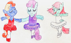 Size: 1280x787 | Tagged: safe, artist:capricorndiem456, oc, oc:angrymetal, oc:beauty dash, oc:berry blue, pegasus, pony, unicorn, ballerina, ballet, ballet slippers, clothes, crossdressing, eyes closed, femboy, horn, looking at you, male, one eye closed, open mouth, pas de deux, pas de trois, pegasus oc, tights, tutu, tutus, unicorn oc, wings, wink, winking at you