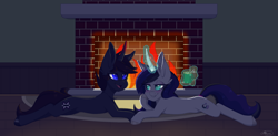 Size: 2500x1233 | Tagged: safe, artist:melodytheartpony, oc, oc only, pony, unicorn, candy, candy cane, carpet, chocolate, dark, duo, female, fire, fireplace, food, holding hooves, hot chocolate, levitation, lying down, magic, male, marshmallow, prone, romantic, telekinesis, wooden floor