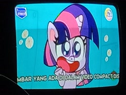 Size: 4160x3120 | Tagged: safe, edit, edited screencap, screencap, twilight sparkle, alicorn, pony, dol-fin-ale, g4.5, my little pony: pony life, crt, cute, excited, indonesian, open mouth, perdana record, photo, picture of a screen, pt. musik perdana kreativa, solo, twiabetes, twilight sparkle (alicorn)