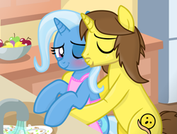 Size: 2079x1578 | Tagged: safe, artist:amgiwolf, artist:grapefruitface1, trixie, oc, oc:grapefruit face, pony, unicorn, apple, base used, blushing, canon x oc, cheek kiss, female, food, grapexie, horn, housewife, indoors, kissing, kitchen, male, mare, married couple, one eye closed, remake, shipping, show accurate, stallion, straight, unicorn oc, washing