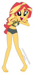 Size: 877x1914 | Tagged: safe, artist:spidey-gamer-crack, edit, edited screencap, screencap, sunset shimmer, human, equestria girls, g4, belly button, clothes, cute, dilated pupils, eyebrows, hands on cheeks, not a vector, open mouth, open smile, shimmerbetes, signature, simple background, sleeveless, smiling, solo, sunset shimmer swimsuit, sunset shimmer's beach shorts swimsuit, surprised, swimsuit, transparent background, vector