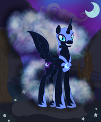 Size: 2290x2767 | Tagged: safe, artist:dyonys, nightmare moon, alicorn, pony, g4, armor, ethereal mane, female, flower, full body, grin, high res, horn, mare, moon, night, smiling, solo, spread wings, wings