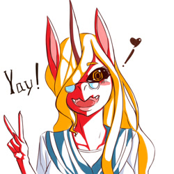 Size: 1000x1000 | Tagged: safe, artist:ero-bee, oc, oc only, oc:ero-bee, unicorn, anthro, blush sticker, blushing, bust, clothes, female, glasses, hair over one eye, heart, horn, open mouth, peace sign, pictogram, school uniform, simple background, smiling, solo, unicorn oc, white background, yay