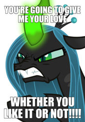Size: 893x1280 | Tagged: safe, queen chrysalis, changeling, g4, angry, caption, close-up, fangs, female, glare, glowing horn, gritted teeth, hissing, horn, image macro, meme, simple background, text, white background