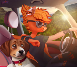 Size: 3000x2600 | Tagged: safe, artist:irinamar, oc, oc only, oc:blaze fury, dog, pegasus, anthro, car, car interior, clothes, collar, commission, ear piercing, freckles, high res, male, pants, piercing, relaxed, ripped pants, sunglasses, torn clothes, wristband, ych result