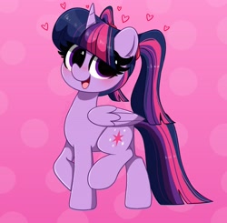 Size: 3639x3567 | Tagged: safe, artist:kittyrosie, twilight sparkle, alicorn, pony, abstract background, alternate hairstyle, blushing, cute, heart, high res, looking at you, open mouth, pigtails, raised hoof, smiling, solo, twiabetes, twigtails, twilight sparkle (alicorn), twintails