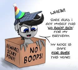 Size: 2000x1799 | Tagged: safe, artist:chopsticks, oc, oc only, oc:chopsticks, pegasus, pony, birthday, box, cheek fluff, chest fluff, dialogue, famous last words, hat, non-consensual booping, party hat, pony in a box, sitting, solo, tempting fate, text, this will end in boops, wing hands, wings