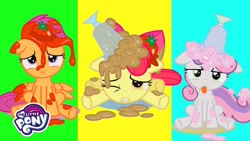 Size: 1280x720 | Tagged: safe, apple bloom, scootaloo, sweetie belle, g4, one bad apple, babs seed song, cutie mark crusaders, food, milkshake, tomato, tongue out