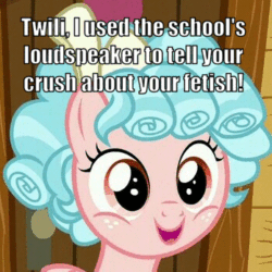 Size: 348x348 | Tagged: safe, edit, screencap, cozy glow, pegasus, pony, g4, marks for effort, my little pony: friendship is magic, caption, cozybetes, cute, gif, implied fetish, non-animated gif, pure concentrated unfiltered evil of the utmost potency, pure unfiltered evil, solo, text