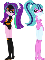 Size: 404x544 | Tagged: safe, artist:sturk-fontaine, aria blaze, sonata dusk, equestria girls, g4, alternate universe, arse-ia blaze, ass, base used, blazing black, butt, clothes, duo, duo female, dusk melody, female, leotard, siblings, simple background, sisters, sonata donk, superhero, twins, white background