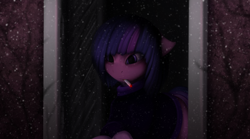 Size: 2138x1189 | Tagged: safe, artist:batsdisaster, twilight sparkle, pony, g4, alternate hairstyle, cigarette, clothes, female, mare, missing horn, purple eyes, smoking, snow, snowflake, solo