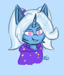 Size: 2560x3000 | Tagged: safe, artist:toxinagraphica, trixie, pony, unicorn, g4, alternate hairstyle, babysitter trixie, blue background, bust, clothes, cute, female, fluffy, high res, hoodie, mare, no pupils, portrait, simple background, sketch, smiling, solo, stars