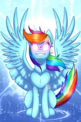Size: 1536x2308 | Tagged: safe, artist:nivimonster, rainbow dash, pegasus, pony, g4, female, glowing eyes, grin, mare, smiling, spread wings, wings