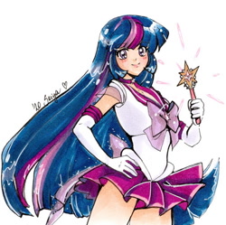 Size: 600x597 | Tagged: safe, artist:seiyachan, twilight sparkle, human, g4, anime, clothes, cosplay, costume, crossover, female, gloves, hand on hip, humanized, light skin, long gloves, long hair, looking at you, magical girl, miniskirt, sailor magic, sailor moon (series), sailor twilight, skirt, solo, traditional art