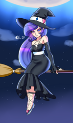 Size: 1100x1850 | Tagged: safe, artist:melliedraws, rarity, human, g4, broom, clothes, dress, hat, humanized, pentagram, sleeveless, solo, witch, witch hat