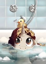 Size: 1300x1794 | Tagged: safe, artist:28gooddays, oc, oc only, oc:felt whisper, pony, unicorn, bath, bathtub, commission, cute, looking up, male, ocbetes, partially submerged, rubber duck, solo, ych result