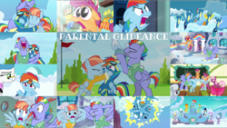 Size: 1978x1114 | Tagged: safe, edit, edited screencap, editor:quoterific, screencap, apple bloom, bow hothoof, cheerilee, cloudchaser, derpy hooves, fleetfoot, flitter, high winds, laurette, lightning dust, rainbow dash, scootaloo, silver spoon, soarin', spitfire, windy whistles, g4, parental glideance, female, filly