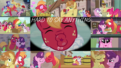 Size: 1978x1113 | Tagged: safe, edit, edited screencap, editor:quoterific, screencap, apple bloom, big macintosh, dear darling, feather bangs, fond feather, glamor trot, scootaloo, smooth vibes, sugar belle, sweetie belle, swoon song, earth pony, pony, unicorn, g4, hard to say anything, bimbettes, cutie mark crusaders, female, male, mare, ship:sugarmac, shipping, stallion, straight