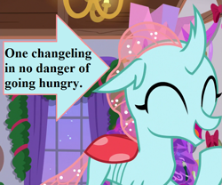 Size: 865x720 | Tagged: safe, edit, edited screencap, editor:korora, screencap, ocellus, changeling, g4, the hearth's warming club, caption arrow, cropped, cute, dhx is trying to murder us, diaocelles, hearth's warming decorations, solo, text, weapons-grade cute, window