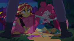 Size: 1334x750 | Tagged: safe, screencap, pinkie pie, sunset shimmer, equestria girls, equestria girls series, g4, sunset's backstage pass!, spoiler:eqg series (season 2), scared