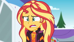 Size: 1334x750 | Tagged: safe, screencap, sunset shimmer, equestria girls, equestria girls series, g4, sunset's backstage pass!, spoiler:eqg series (season 2), confused, scared