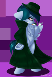 Size: 1317x1950 | Tagged: safe, artist:llametsul, oc, oc only, oc:delta vee, pegasus, pony, bipedal, chest fluff, cigarette, clothes, coat, detective, eyeshadow, female, fire, hat, lighter, lineless, looking back, makeup, mare, pegasus oc, signature, smoking, trenchcoat, underhoof, wings
