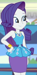 Size: 783x1577 | Tagged: safe, screencap, rarity, human, dashing through the mall, equestria girls, equestria girls series, g4, holidays unwrapped, spoiler:eqg series (season 2), adorable face, armpits, bracelet, canterlot mall, clothes, cropped, cute, female, geode of shielding, jewelry, magical geodes, raribetes, rarity peplum dress, skirt, sleeveless, smiling, solo