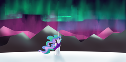 Size: 1920x956 | Tagged: safe, artist:sixes&sevens, princess celestia, alicorn, pony, g4, aurora borealis, clothes, female, mountain, mountain range, outdoors, scarf, snow, solo