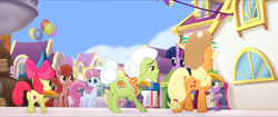 Size: 1920x808 | Tagged: safe, screencap, apple bloom, applejack, glitter glow, granny smith, maple grove, spike, twilight sparkle, alicorn, dragon, earth pony, pony, unicorn, g4, my little pony: the movie, spoiler:my little pony the movie, apple, apple bloom's bow, apple pie, applejack's hat, background pony, balloon, bow, butt, canterlot, checklist, cowboy hat, crown, cutie mark, female, filly, food, friendship festival, hair bow, hat, heart, hoof heart, hoof hold, jewelry, male, mare, pie, plot, regalia, the cmc's cutie marks, twilight sparkle (alicorn), underhoof, unnamed character, unnamed pony, we got this together