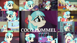 Size: 1978x1113 | Tagged: safe, edit, edited screencap, editor:quoterific, screencap, coco pommel, earth pony, pony, g4, made in manehattan, rarity takes manehattan, the saddle row review, twilight's kingdom, album, bag, book, clothes, dress, floppy ears, gritted teeth, open mouth, rainbow, red nosed, sad, saddle bag, smiling, tissue, tissue box, tissue paper, trophy, wavy mouth, worried