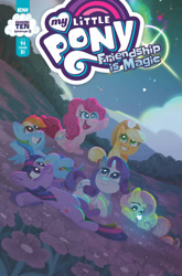 Size: 659x1000 | Tagged: safe, artist:muffy levy, idw, applejack, fluttershy, pinkie pie, rainbow dash, rarity, twilight sparkle, g4, season 10, spoiler:comic94, cover, crossed hooves, lying down, mane six, on back, preview, starry eyes, wingding eyes