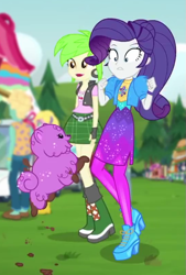 Size: 545x806 | Tagged: safe, screencap, cherry crash, princess thunder guts, rarity, sandy cerise, zephyr breeze, dog, equestria girls, g4, lost and pound, lost and pound: rarity, my little pony equestria girls: better together, bolero jacket, clothes, cropped, female, food truck, geode of shielding, high heels, jacket, magical geodes, male, mud, muddy, music festival outfit, offscreen character, puppy, shoes, shrunken pupils, wide eyes