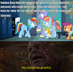 Size: 2000x1966 | Tagged: safe, edit, edited screencap, screencap, bow hothoof, rainbow dash, scootaloo, windy whistles, pegasus, pony, g4, parental glideance, angry, avengers: endgame, bags under eyes, burn marks, camera, caption, clothes, comparison, facial hair, family, father and child, father and daughter, female, filly, freckles, image macro, like father like daughter, like mother like daughter, like parent like child, locker room, male, mare, marvel cinematic universe, meme, mohawk, mother and child, mother and daughter, multicolored mane, multicolored tail, open mouth, opinion, poster, scared, shirt, stallion, text, thanos