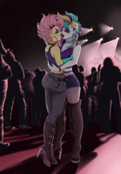 Size: 3000x4300 | Tagged: safe, artist:lucy-tan, fluttershy, rarity, equestria girls, alternate hairstyle, ass, belt, boots, breasts, butt, choker, cleavage, clothes, commission, ear piercing, earring, eyes closed, eyeshadow, female, fishnets, flarity, flutterbutt, flutterpunk, french kiss, high heel boots, hug, jacket, jeans, jewelry, kissing, leather jacket, lesbian, lipstick, makeup, midriff, nightclub, open mouth, pants, piercing, punk, raripunk, ring, shipping, shoes, shorts, spiked choker, spiked wristband, stockings, tanktop, thigh boots, thigh highs, wristband
