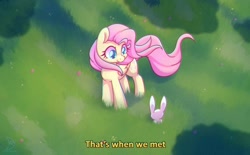 Size: 1284x794 | Tagged: safe, artist:wavecipher, angel bunny, fluttershy, pegasus, pony, rabbit, g4, animal, cute, duo, female, folded wings, grass, looking at each other, looking at someone, mare, outdoors, shyabetes, smiling, standing, subtitles, turned head, windswept mane, windswept tail, wings