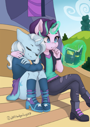 Size: 920x1295 | Tagged: safe, artist:jyllhedgehog367, starlight glimmer, trixie, unicorn, anthro, g4, book, clothes, equestria girls outfit, female, glowing horn, horn, lesbian, schrödinger's pantsu, ship:startrix, shipping, sitting