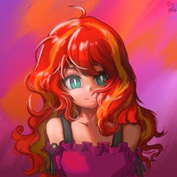 Size: 2048x2048 | Tagged: safe, artist:tinybenz, sunset shimmer, equestria girls, g4, beautiful, cute, female, high res, human coloration, messy hair, shimmerbetes, shoulderless, solo