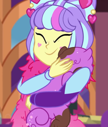 Size: 919x1080 | Tagged: safe, screencap, princess thunder guts, supernova zap, dog, equestria girls, g4, lost and pound, lost and pound: rarity, my little pony equestria girls: better together, cropped, cute, eyes closed, feather boa, female, hug, mud, muddy, su-z, su-z-betes