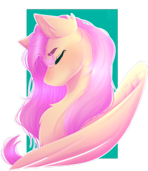 Size: 800x924 | Tagged: safe, artist:kat-the-true-kitkat, fluttershy, pegasus, pony, g4, bust, chest fluff, ear fluff, eyes closed, female, mare, outline, partial background, portrait, profile, solo, spread wings, stray strand, white outline, wings