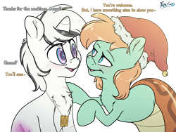 Size: 4652x3500 | Tagged: safe, artist:fluffyxai, oc, oc only, oc:chieftess muyal, oc:yiazmat, lamia, original species, pony, unicorn, accessory, blushing, christmas, commission, eye contact, hat, holiday, hypnosis, imminent hypnosis, jewelry, looking at each other, male, necklace, santa hat, smiling, stallion