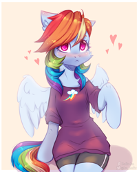 Size: 1848x2284 | Tagged: safe, artist:zefirka, rainbow dash, pegasus, semi-anthro, g4, :<, arm hooves, blushing, chest fluff, clothes, colored pupils, compression shorts, cute, cutie mark, cutie mark on clothes, dashabetes, rainbow dash always dresses in style, shirt, solo