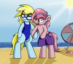 Size: 3200x2800 | Tagged: safe, artist:vipy, pinkie pie, oc, oc only, oc:cloud cuddler, oc:sweet haze, earth pony, pegasus, pony, beach, beach towel, beach umbrella, bipedal, clothes, duo, eye clipping through hair, female, glasses, high res, holding hooves, male, mouse cursor, ocean, one-piece swimsuit, pegasus oc, sun, sunscreen, swimming trunks, swimsuit, towel, umbrella, wavy mouth