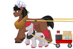 Size: 1280x854 | Tagged: safe, artist:itstechtock, full steam, promontory, train tracks (g4), earth pony, pony, g4, blank flank, colt, conductor hat, cutie mark, horse collar, looking back, looking down, male, simple background, stallion, toy train, transparent background, unshorn fetlocks, wagon